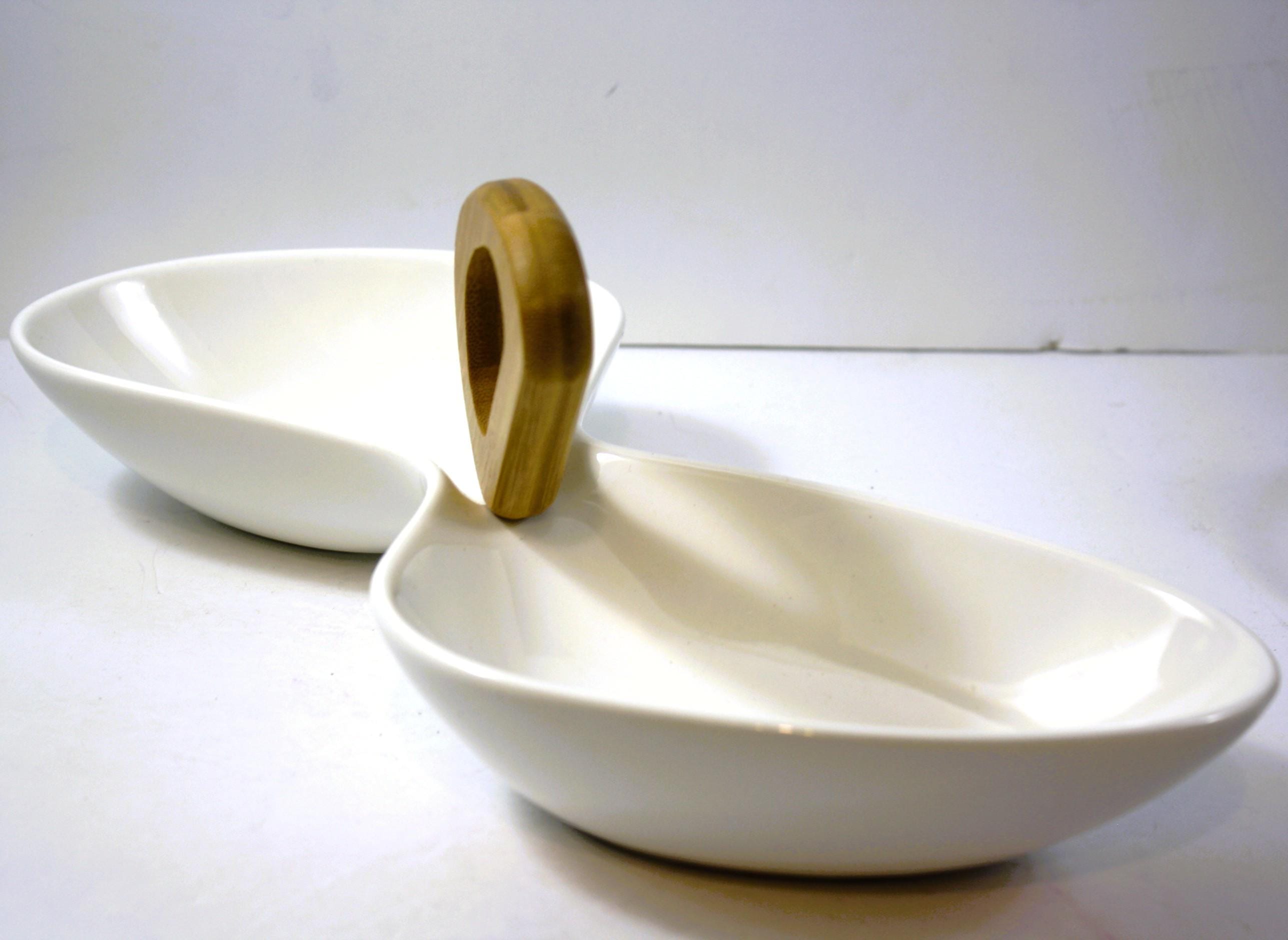 Brandani Divided Serving Dish 2 Sections White Porcelain Bamboo