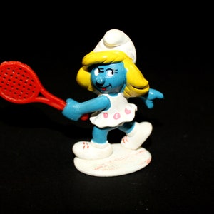 Vintage Smurfette Figure with Tennis Racket Toy Yellow Dot 1981