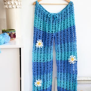 Crochet Pants, Summer Crochet Clothing, Festival Crochet Pants, Swimwear or Beachwear Coverup, 100% Handmade with Cute Daisy Flower Details