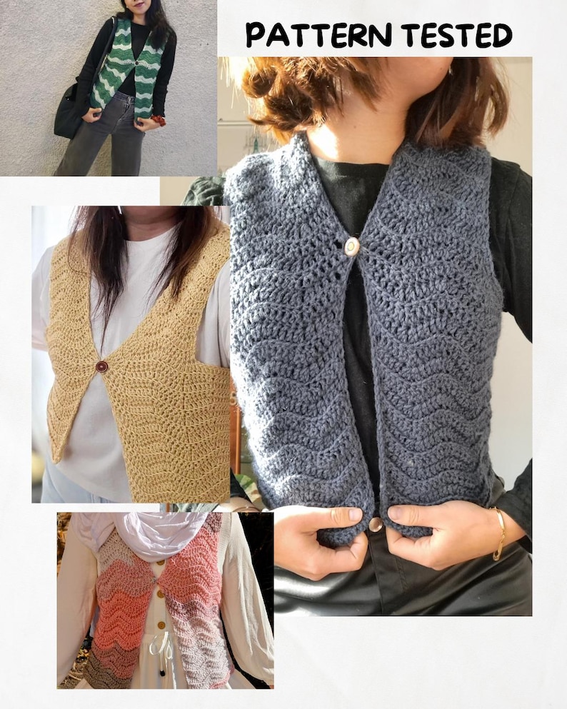 Pu&ograve; includere: Una collezione di tre gilet senza maniche all'uncinetto con un motivo a onde. Ogni gilet presenta uno scollo a V e una chiusura con un singolo bottone al centro. I gilet sono mostrati in grigio tinta unita, giallo tinta unita e un design multicolore rosa e grigio.