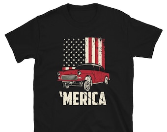 55,56,57 Chevy Gasser Custom Race Car Oldtimer 'Merica Hot Rod Drag Race Tee Kurzarm Unisex T-Shirt Geschenk für Papa
