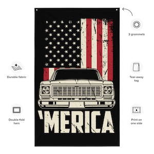 1973 Chevrolet C/K série 10, drapeau américain à carrosserie carrée, mur d'art de garage classique, cadeau pour mari