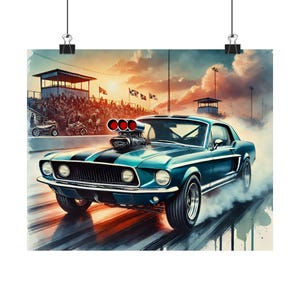 1967 ヴィンテージ 60 年代 マスタング ドラッグカー 水彩アートワーク サテン ポスター (210gsm)、お父さんへのギフト、旦那さんへのギフト、カーアート、カーウォールアート