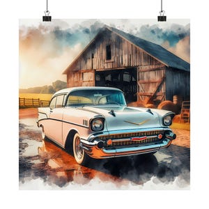 Vintage 1957 Chevy Car Watercolor Artwork Satin Posters, Gift for Dad, Gift for Husband, Car Art, Car Wall Art, 1957 Chevy Decor