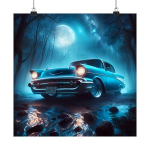 Vintage 1957 Blue Chevy Car Watercolor Artwork Satin Posters, Gift for Dad, Gift for Husband, Car Art, Car Wall Art, 1957 Chevy Decor