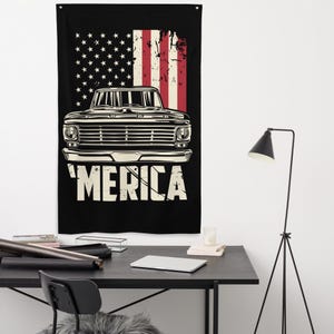 F-100 Pickup Truck American Flag Wall Banner – Classic Garage Art
