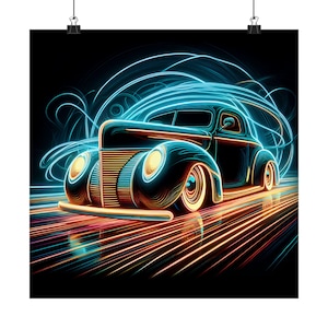 Ford Coupe Neon Art Poster - 1940s Vintage Car Decor - High-Quality Satin Print - Gift for Dad, Husband, or Car Lover - Man Cave Artwork