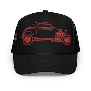 Hot Rod Red 32 Ford Classic Roadster Custom Embroidered Foam Trucker Hat - Unique Gift for Car Fanatics