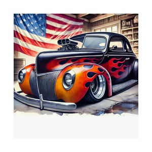 Vintage Hot Rod 1940 Ford Coupe Custom Watercolor Artwork Satin Posters Gift for Dad, Car Wall Art, Car Art, Classic Car Decor, Car Gift