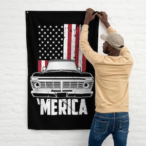 Vintage Ford F-100 Pickup Truck Wall Banner – Classic American Flag Garage Decor