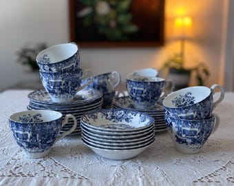 Johnson Bros Coaching Scenes Tea Cup Set, Blue Transferware