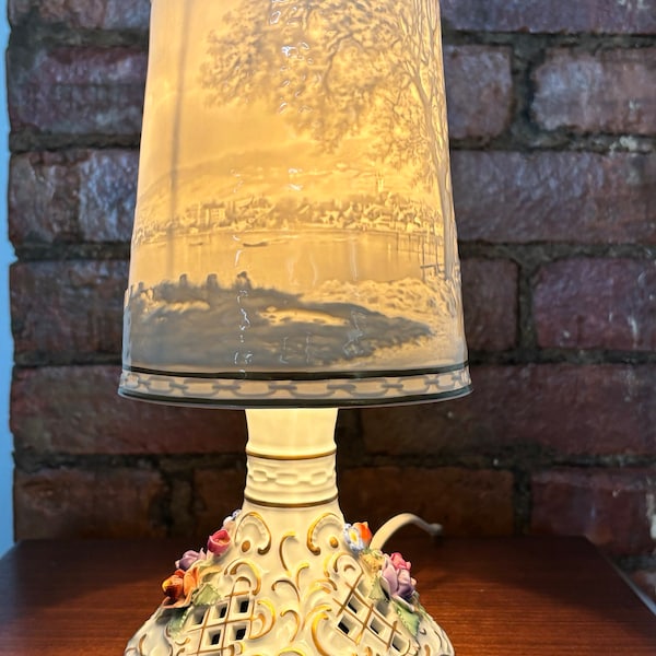 Vintage PMP 1817 Handpainted Lithopane Boudior Lamp Von Schierholz Table Lamp