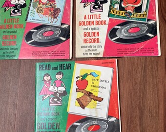 Set of Three/ A Little Golden Book READ and HEAR/ Golden Record Set/ Learn to Read/ 45 RPM/ Christmas Stories Music