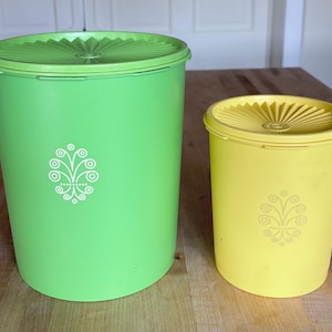 Vintage Tupperware 2 Sizes Cannisters and Lids/ Servalier/ 9.5” H Green #1339-1/ 7” H Yellow #809-6/ Nesting Storage/Retro Kitchen