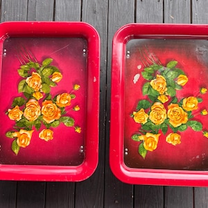 Set/2 Vtg. Mid Century Metal Folding Tray/ Lap Tray/ TV Tray/ Breakfast Tray/ Serving Tray/ Laptop Tray/ Reading Tray/ Red w/  Yellow Roses