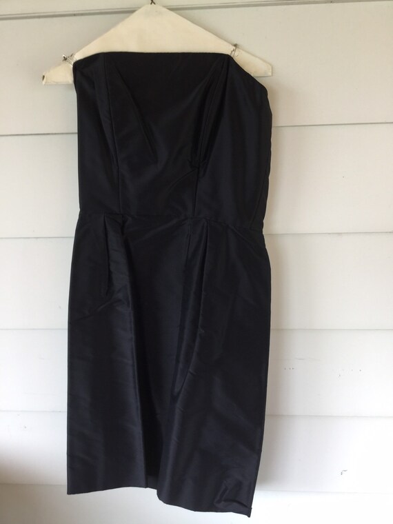 Vintage Little Black Strapless Dress, Black Satin… - image 1