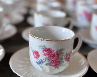 Tazas y platillos de té de porcelana china vintage/Alemania/Porcelana/Rosas rosas florales/Acentos dorados