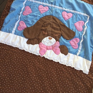Vintage Handmade Baby Girl Boy Quilt Crib Blanket/ Appliqué Dog and Hearts/ Baby Throw/ Brown Blue Pink