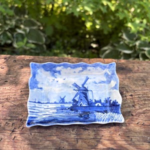 Vintage Delft Blue Handpainted Tray: Windmill Scene, Holland Ceramic (4.5" x 3")