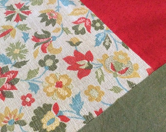 Vintage 76” x 73” handmade tablecloth Red, Green, Floral Vintage Textiles