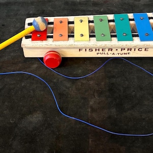 Vintage Fisher Price Pull-A-Tune Xylophone/ 1950’s- 1960’s/ Wood Wheels and Attached Mallet/Pull Toy/Musical Toy