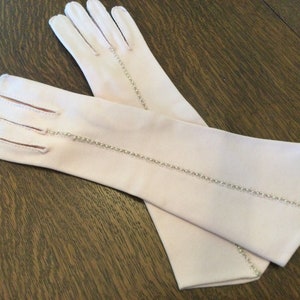 Vintage Evening Gloves/ Grandoe/ Pale Pink with Pearl Beads/ 13” Length/ Cotton