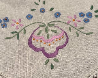 Vintage Hand Embroidered Table Runner/ Dresser Scarf/ Crochet Edge/ Purple Floral