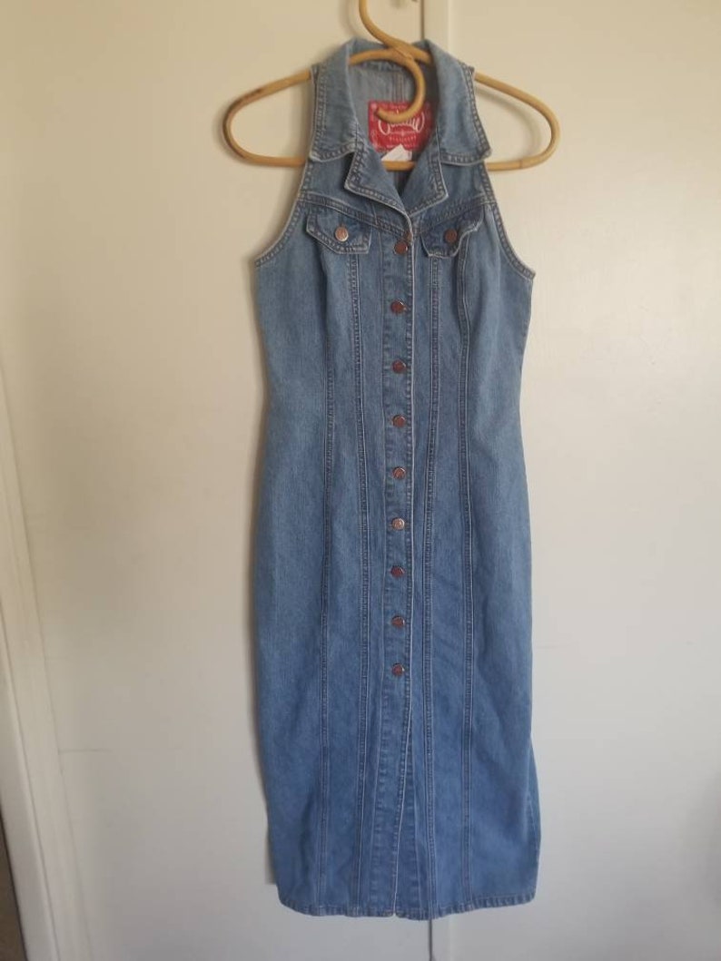 Jean Dress Button Down Denim Vintage 90/'s Sleeveless V Neck Collar Outlaw Blue Jeans Size 7 Mid Length