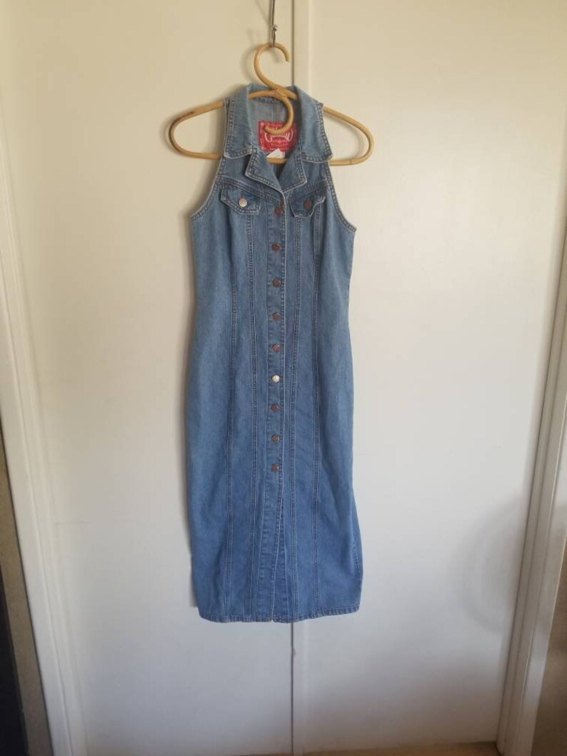 Jean Dress Button Down Denim Vintage 90/'s Sleeveless V Neck Collar Outlaw Blue Jeans Size 7 Mid Length
