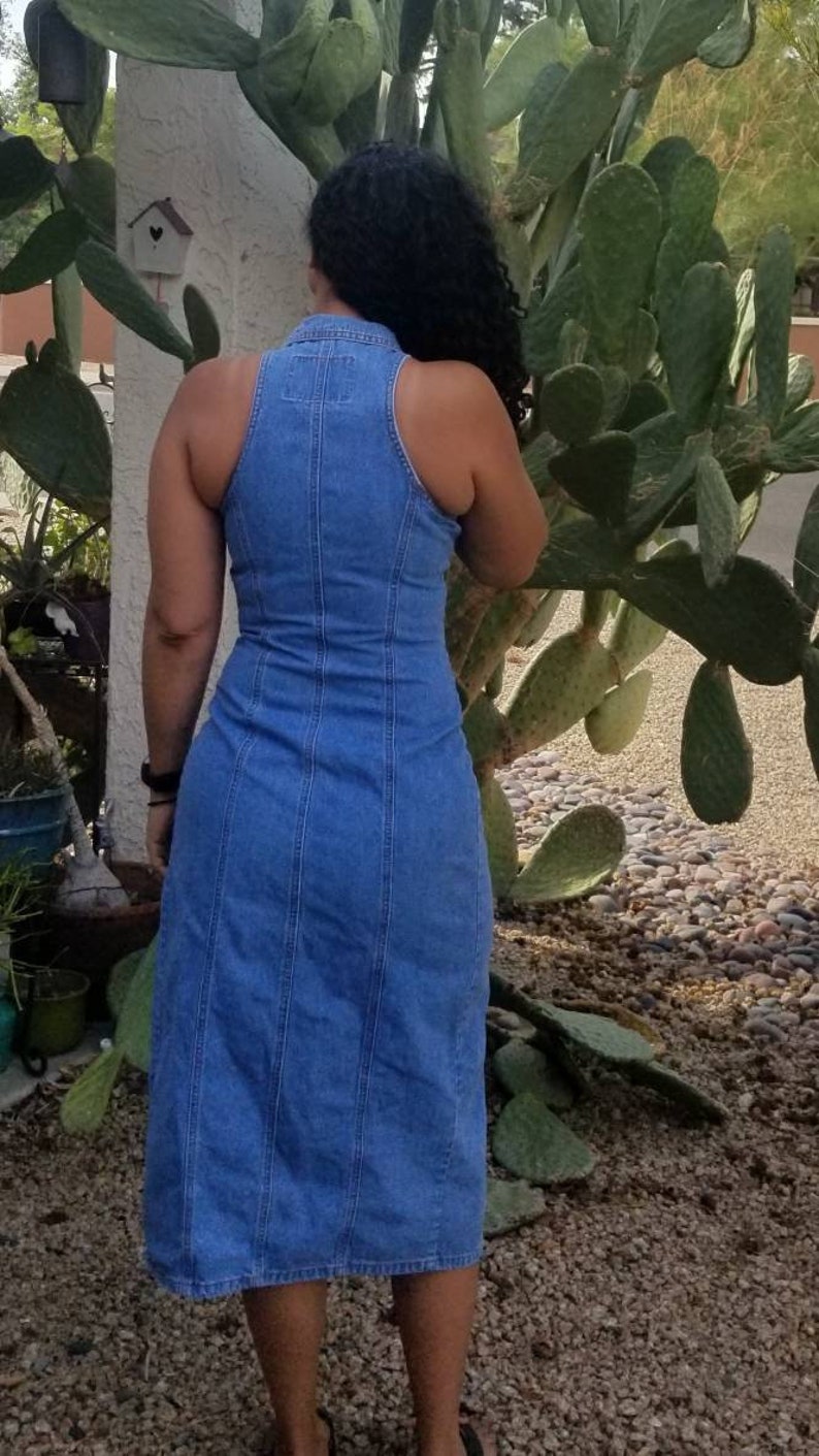 Jean Dress Button Down Denim Vintage 90/'s Sleeveless V Neck Collar Outlaw Blue Jeans Size 7 Mid Length
