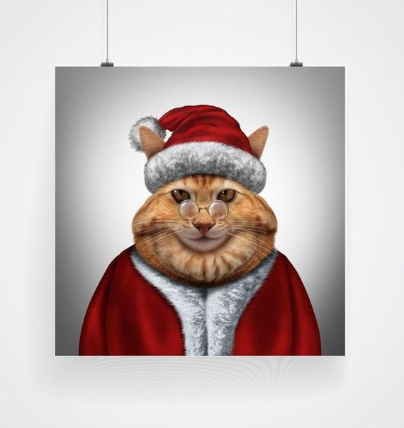 Santa Cat Realistic Drawing Christmas Poster Print Art Funny Unusual Holiday Decor Wall Poster Decal Christmas Wall Design Poster