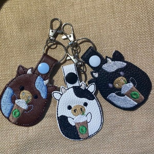 Squishy Cow with Coffee Keychain, Squishy Cow Snap Tab, Cow with Coffee, Cow Key Fob, Cow Keychain, bag tag, backpack tag