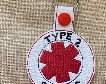 Type 2 Diabetic Medical ID Keychain: Embroidered Faux Leather Snap Tab