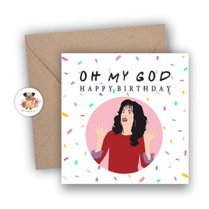 Roligt födelsedagskort med "Vänner", "Herregud"-citat från Janice