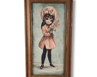 Jean Maio Framed Print Big Eye Girl Easter Bonnet Pink Flowers Lithograph 1960s