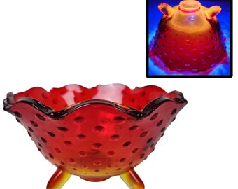 Fenton Hobnail Footed Nut Bowl Amberina Ruby Red Scalloped Ruffled Candy Dish