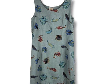 Tom Tom California Dress Womens Size Small Green Linen Beach Shift Tropical Fish
