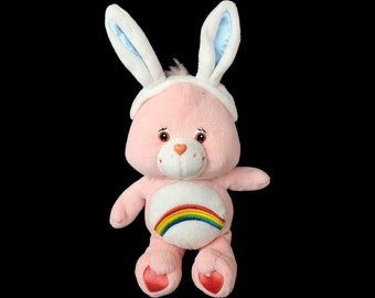 Vintage Pflegebären Plüsch Jubelbär Osterhase Kaninchenohren Regenbogen Stofftier