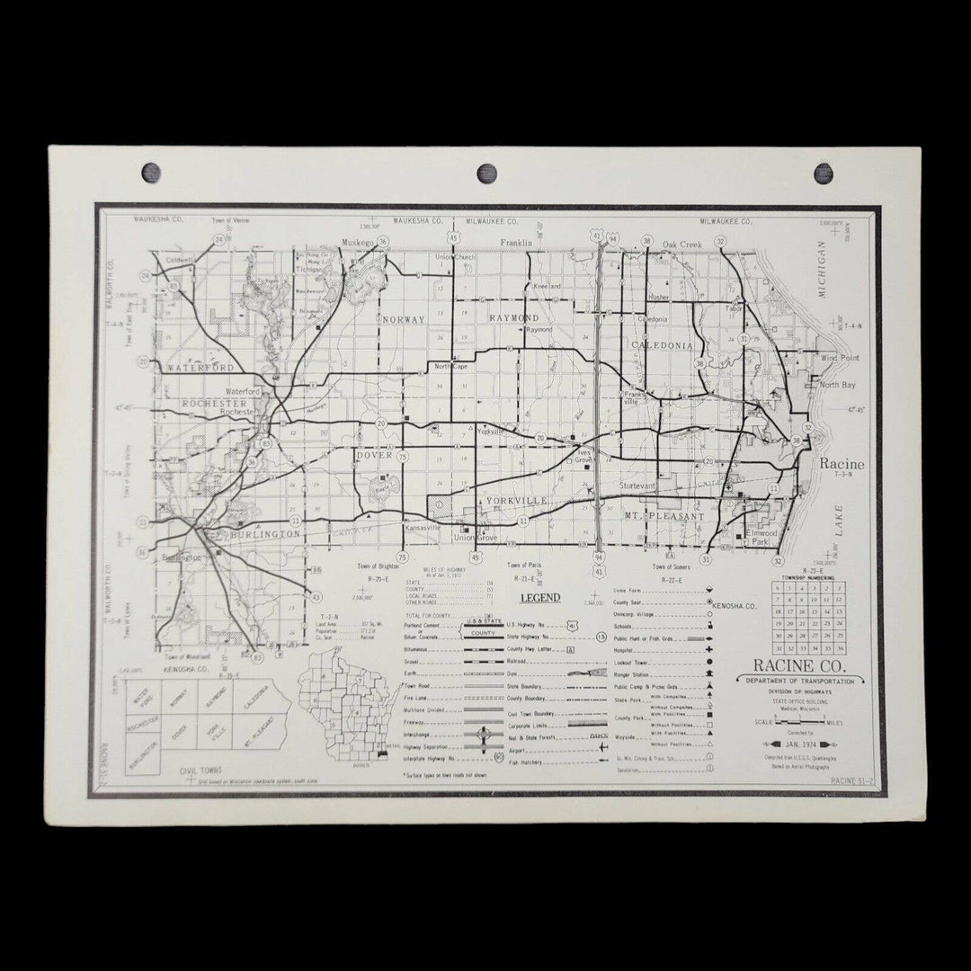 Vintage Racine County Road Map Wisconsin Transportation Department ...