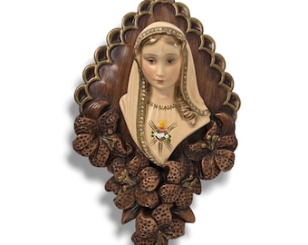 Vintage Sacred Heart of Mary Wall Plaque Chalkware Catholic Icon Prayer Altar
