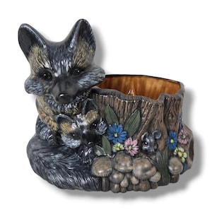 Vintage Woodland Fox & Kit Tree Stump Planter Ceramic Pot Decorative Art