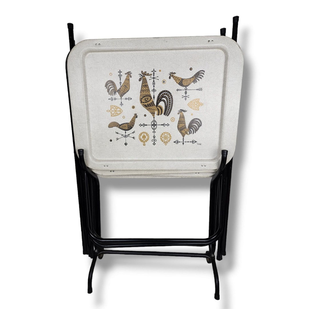 VTG MCM Porter TV Trays Metal Dining Tables Set Atomic Rooster Weather ...