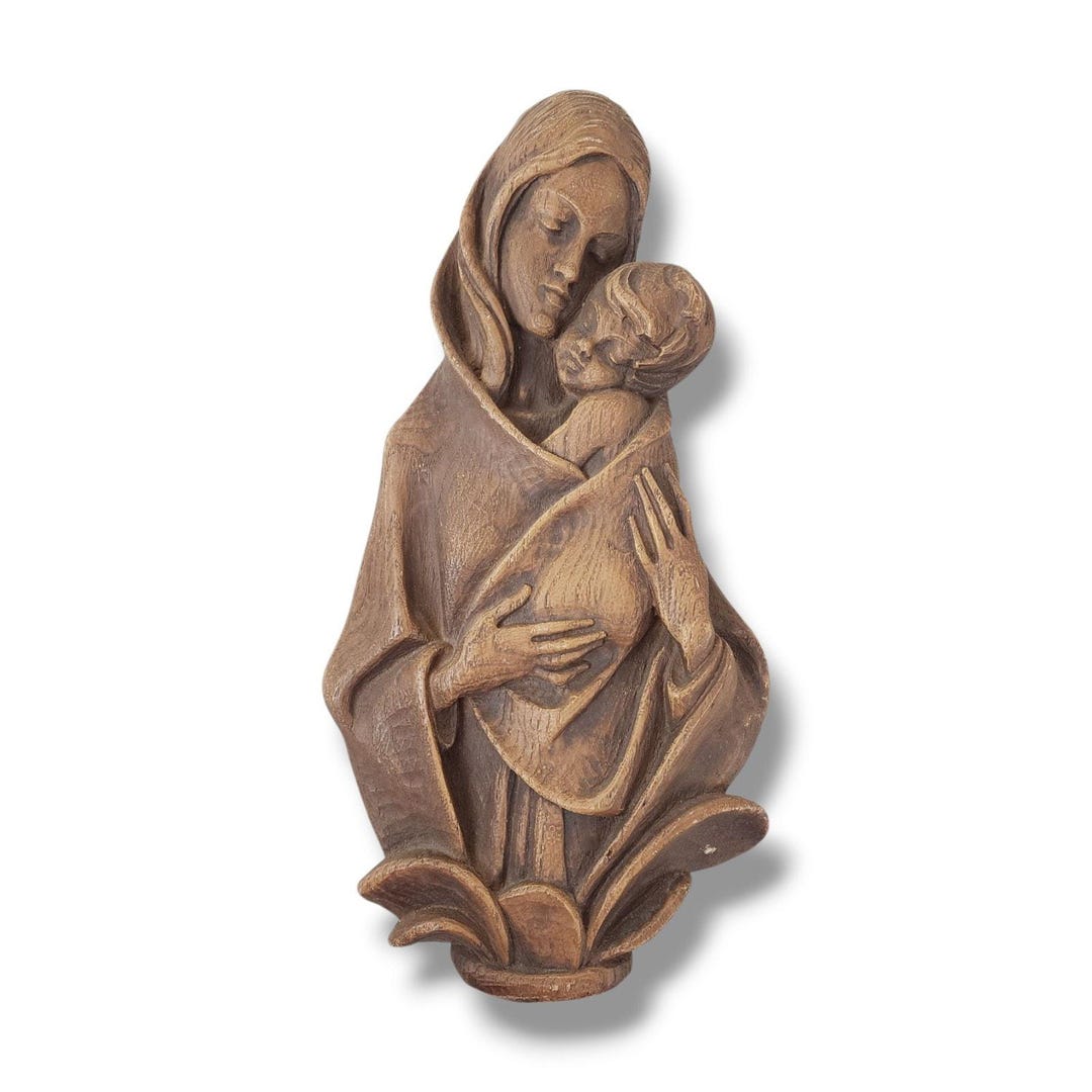 Mother Mary and Child Baby Jesus Wall Hanging Wood Carving Madonna Mid ...
