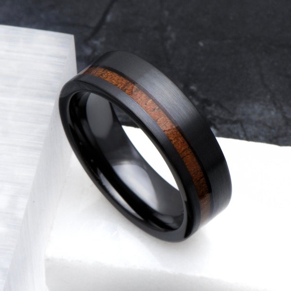 Men's Brush Black Ceramic Off Center Koa Wood Wedding Band 7mm Promise Ring