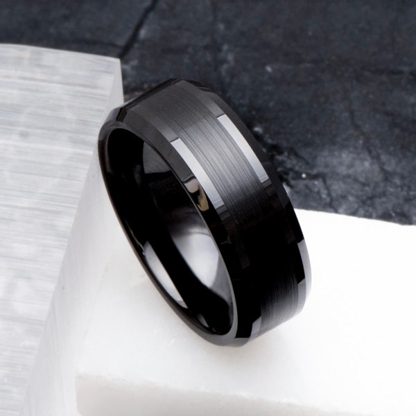 Bague de mariage en céramique noire biseautée à double finition pour hommes, bague de mariage de 8 mm, bague de promesse