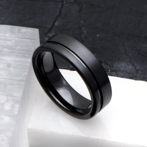 Men's Off Center Brush Black Ceramic Wedding Band 7mm Wedding Ring, Promise Ring