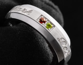 Family Gemstone 6.5mm Tungsten Silver Ring, Personalized Wedding band, Birthstone Promise Ring, Custom Engraved Names Cursive