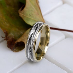 Solide tweekleurige geelgouden herentrouwring Harvest of Love in 10k, 14k, 18k, 6 mm geelgouden witgouden trouwring