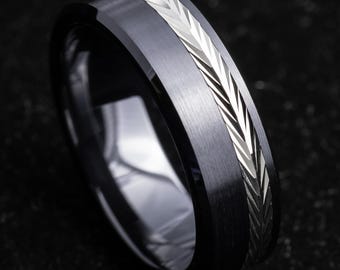 Classic V Pattern Black Ceramic Wedding Band, Silver Inlay, Off-Center Design, Comfort Fit, Custom Engraved