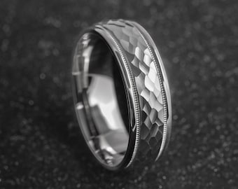 Herren Classic Hammer Akzente Milgrain 925 Sterling Silber Ehering - Silber Ehering - Versprechensring